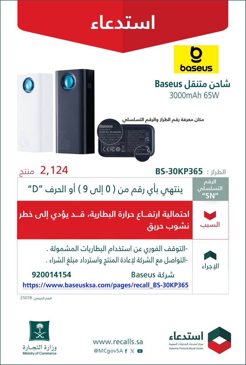 لسلامتكم ..

نعلن عن ⁧#استدعاء 2,124 شاحن متنقل
▫️"بيسوس Baseus"
▫️الطراز: BS-30KP365
▫️الرقم التسلسلي SN: ينتهي بأي رقم من (0 إلى 9)  أو الحرف "D".

🔻السبب: لاحتمالية ارتفاع حرارة البطارية، قد يؤدي إلى خطر نشوب حريق.
✅الإجراء: التوقف الفوري عن استخدام المنتج، والتواصل مع