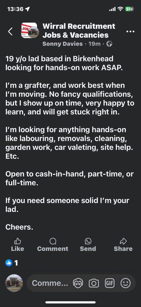 Putting this up for our Sonny. Please share and if you know anyone taking on let me know. 

Wirral first, Local to that next.

Good kid, came out of school when he was 14 to care for the missus while I went back to work hence no exams.