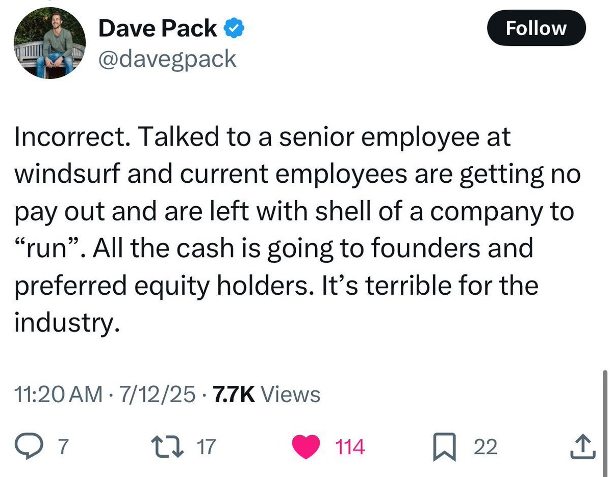 google dropping "don't be evil" was at least honest

they just paid $2.4B to poach windsurf's CEO &amp; key ai team members without buying the company

this is the new talent acquisition playbook. why deal with startup baggage when you can just vacuum up the people who built the