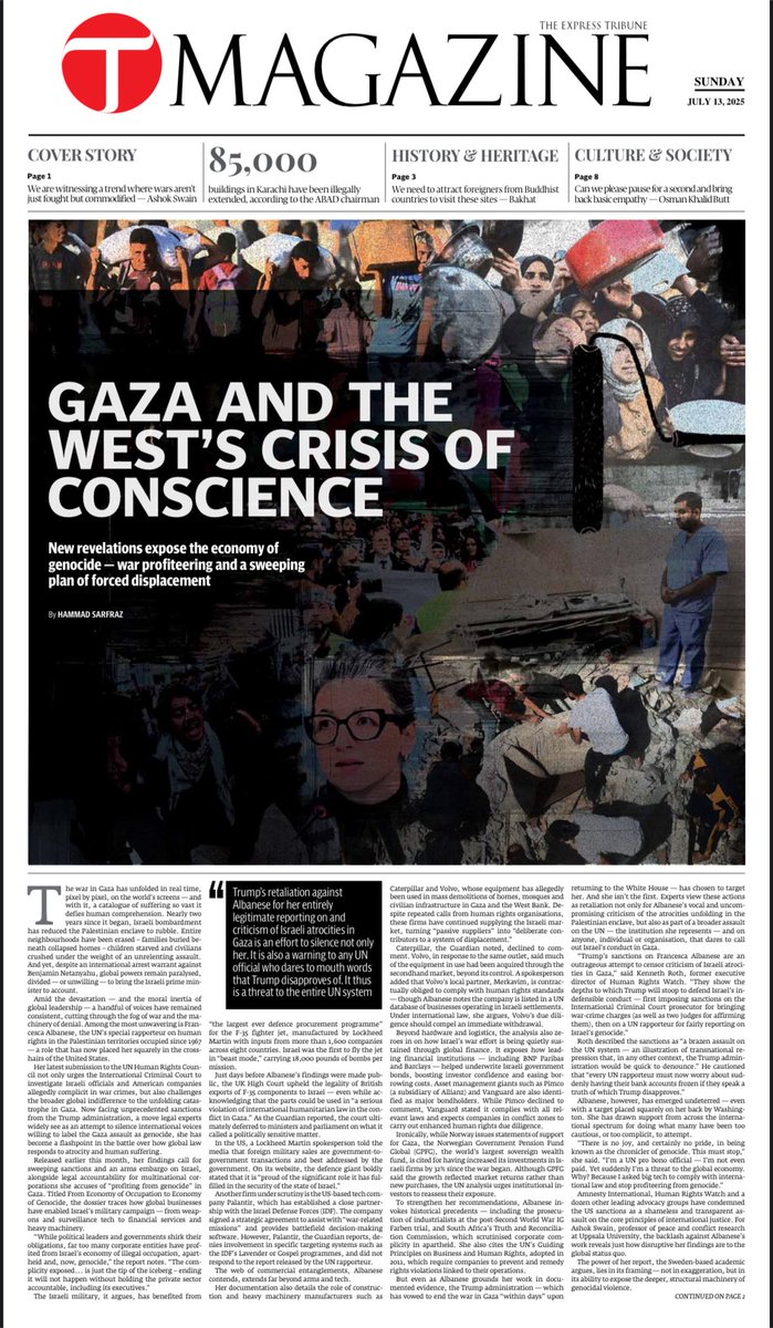 hammadsarfraz's tweet image. US sanctions on @FranceskAlbs reveal the geopolitical stakes of her findings — and the lengths powerful states will go to shield themselves and their allies from scrutiny. — @ashoswai
My latest on #Gaza and the complicity fueling its destruction: tribune.com.pk/story/2555591/…
