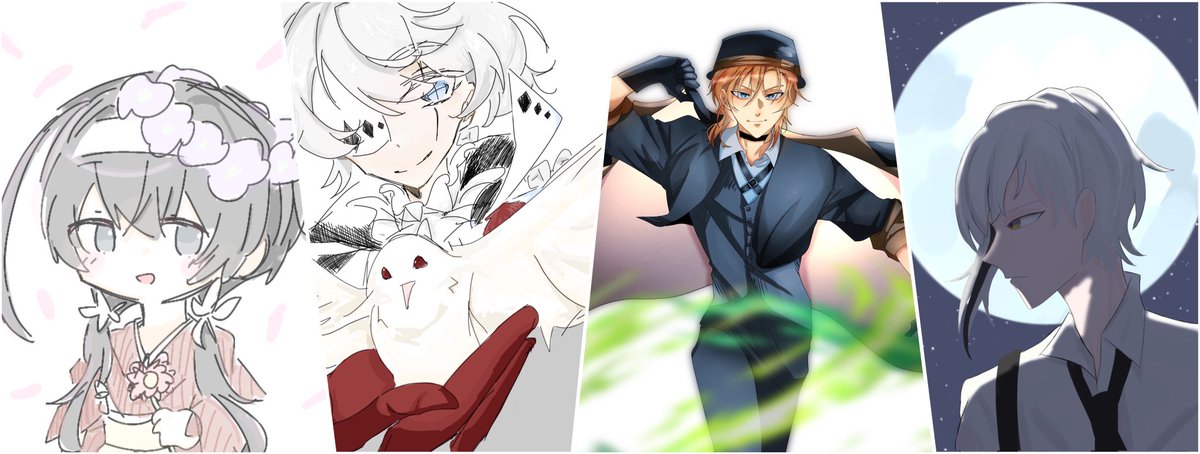 a__tiko's tweet image. 花鳥風月　#BSD 

花　@thi_neko__   鳥　@a__tiko
風　@dada_strt     月　@0264_kai