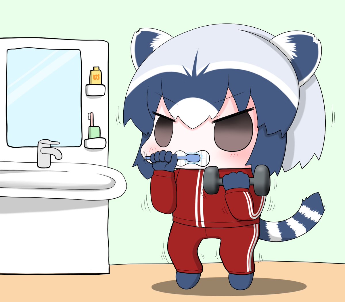歯みがきしながらダンベルを上げ下げするアライさん