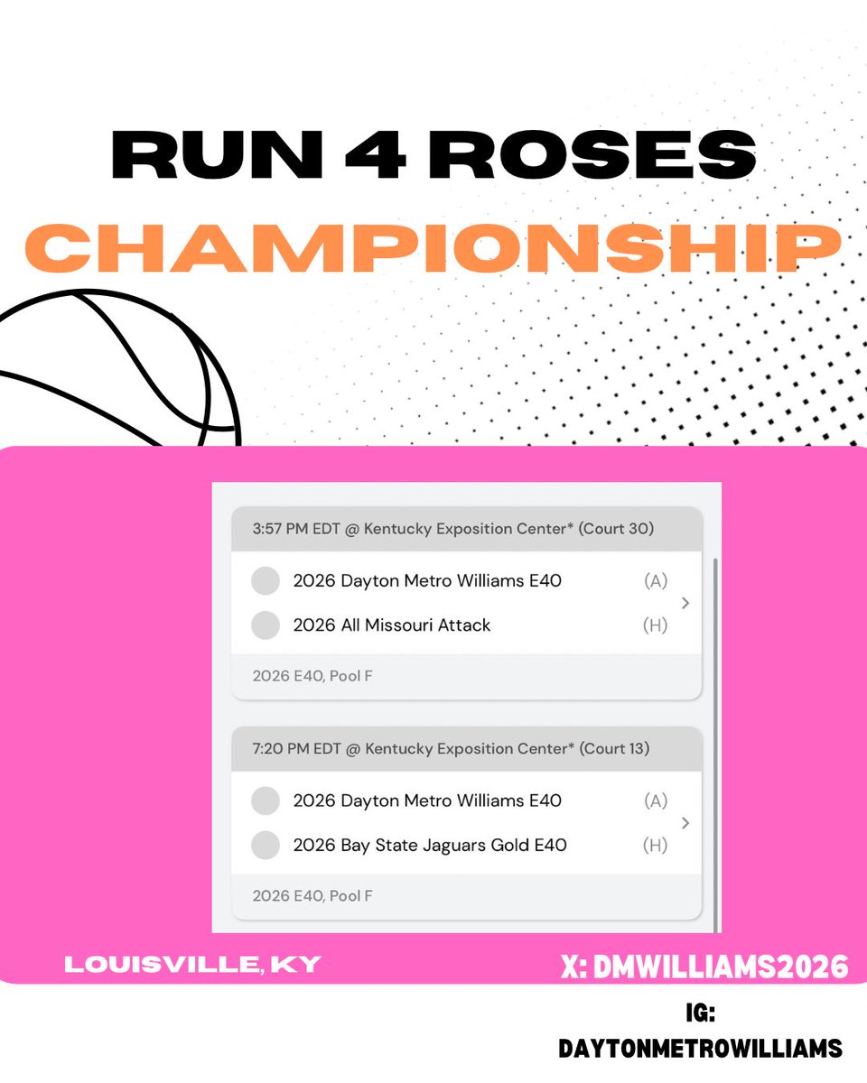 Dayton Metro Williams (@dmwilliams2026) on Twitter photo Weโre back in Louisville for the Run 4 Roses Championship, come check us out today!
Game 1: 3:57pm, Court 30
Game 2: 7:20pm, Court 13
#daytonmetrobasketball
<a href="/DayMetroHoops/">Dayton Metro Hoops</a> <a href="/Elite40League/">Elite 40 League</a> Weโre back in Louisville for the Run 4 Roses Championship, come check us out today!
Game 1: 3:57pm, Court 30
Game 2: 7:20pm, Court 13
#daytonmetrobasketball
<a href="/DayMetroHoops/">Dayton Metro Hoops</a> <a href="/Elite40League/">Elite 40 League</a>