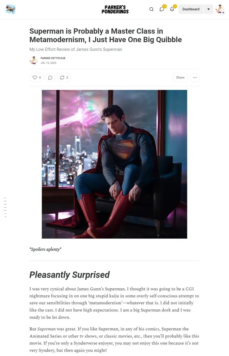 Stayed up way too late writing my review of James Gunn's Superman. It was great except for one big detail:
parknotes.substack.com/p/superman-is-…