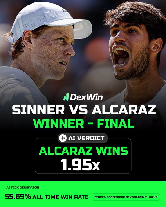 WIMBLEDON MEN’S SINGLES FINAL 2025 🏆 🎾 

Wimbledon 🏴󠁧󠁢󠁥󠁮󠁧󠁿 Tennis Betting Predictions, Tennis Betting Lines & Wimbledon 2025 Tennis Betting Odds Today 🎾 

Carlos Alcaraz vs Jannik Sinner : Alcaraz to defeat Sinner @  1.95 ✅ 

Follow @dexwin.bet for the best Tennis betting odds, Tennis betting picks and Tennis predictions today 🎾