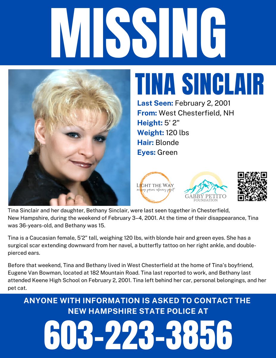 It’s #MissingPosterMonday and we need your help sharing #TinaAndBethanySinclair’s flyer to help spread awareness! #TinaSinclair #BethanySinclair #NewHampshire #MondayMotivation #Missing #NHUnsolved