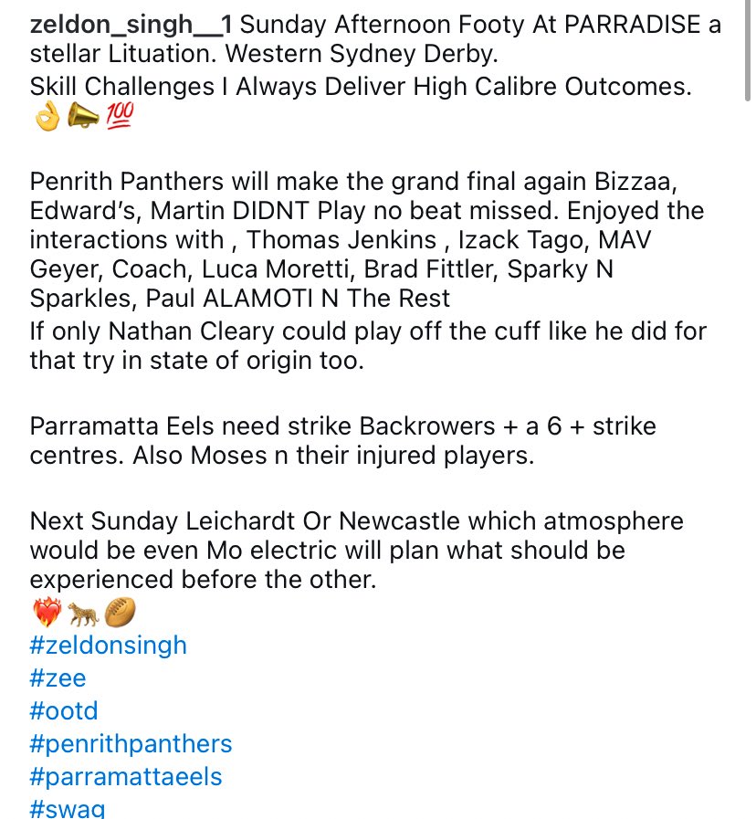SinghZeldon's tweet image. Sunday Afternoon Footy At PARRADISE a stellar Lituation. Western Sydney Derby. Skill Challenges I Always Deliver High Calibre Outcomes👌📣💯 Penrith Panthers yes grand final. Enjoyed All Tha Interactions.
❤️‍🔥🐆🏉
#zeldonsingh
#zee
#ootd
#nrl 
#penrithpanthers
#parramattaeels
#swag