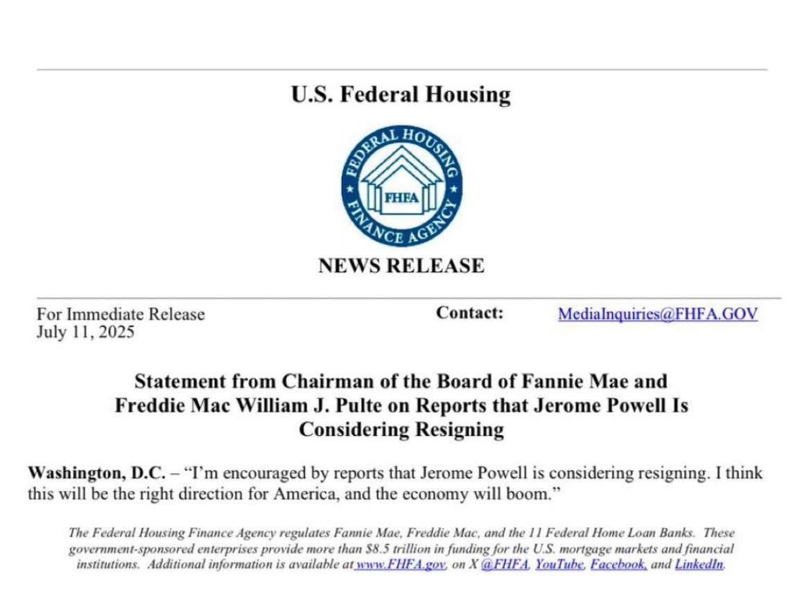 🇺🇸 Jerome #Powell erwägt Berichten zufolge, von seinem Amt als Vorsitzender der US-#Notenbank zurückzutreten

🔹Dies folgt unmittelbar auf einen gestrigen Brief des Weißen Hauses, in dem ihm vorgeworfen wird, Gelder für die Renovierung des #Fed-Gebäudes exorbitant für