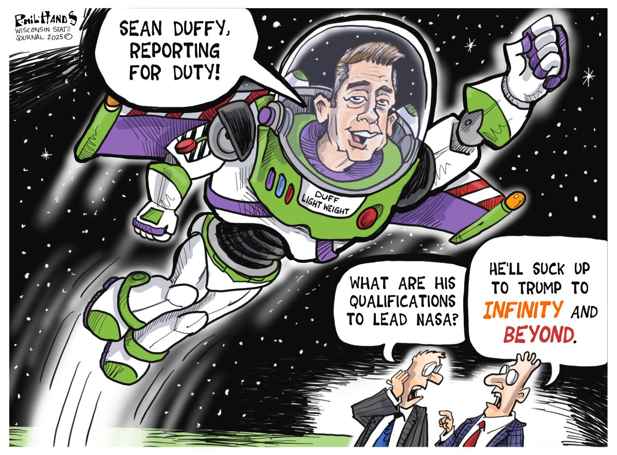 Wisconsin's Sean Duffy gets the top job at <a href="/NASA/">NASA</a>  in my latest cartoon for the <a href="/WiStateJournal/">Wisconsin State Journal</a>. #NASA <a href="/SeanDuffyWI/">Sean Duffy</a> 
madison.com/opinion/cartoo…