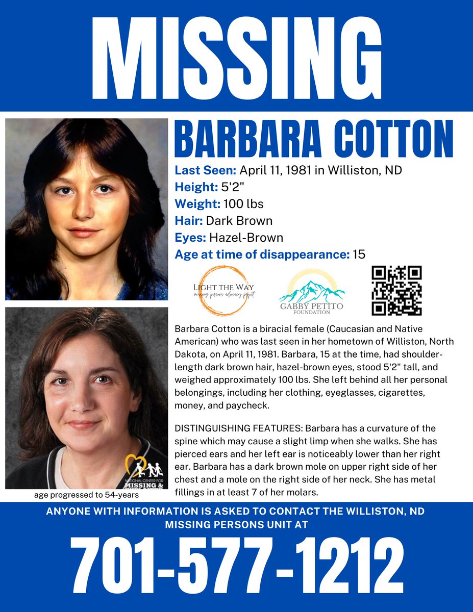 It’s #MissingPosterMonday and we need your help sharing #BarbaraCotton’s flyer to help spread awareness! #NorthDakota #MondayMotivation #Missing #FindBarbCotton