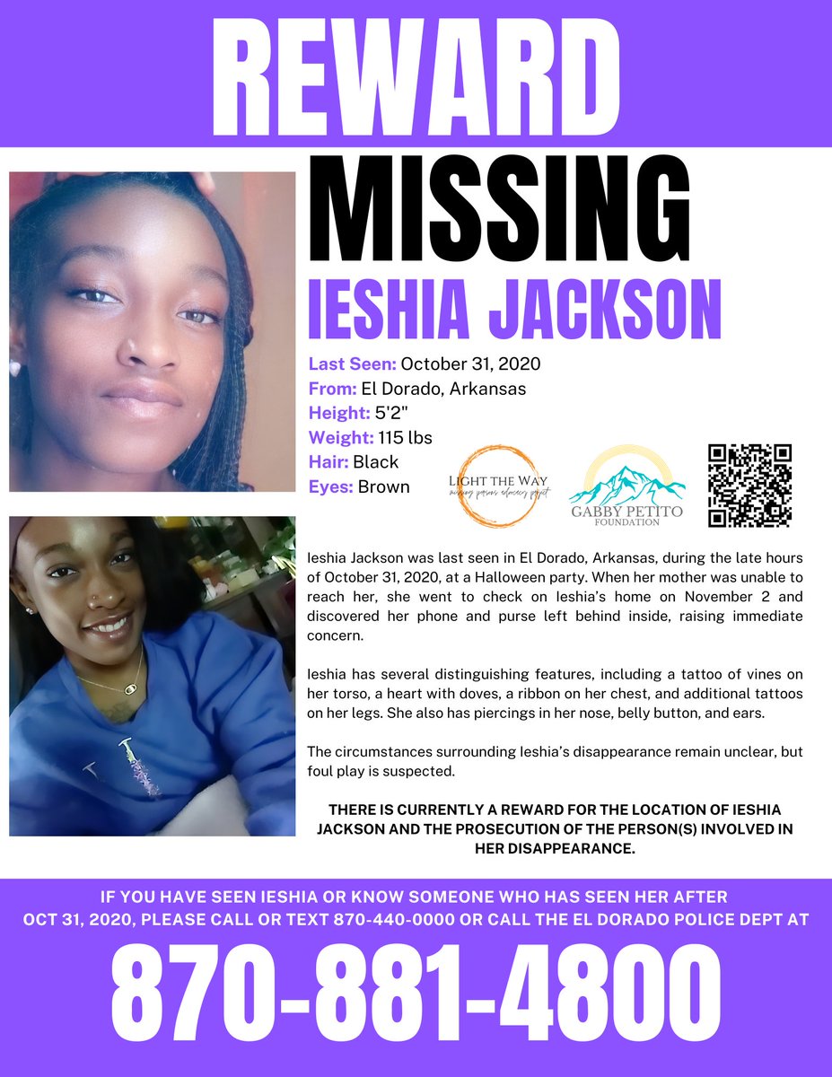 It’s #MissingPosterMonday and we need your help sharing #IeshiaJackson’s flyer to help spread awareness! #Arkansas #MondayMotivation #IeshiaJacksonMatters

A $10,000 #reward is being offered for information leading to the whereabouts of #missing woman Ieshia Jackson and the