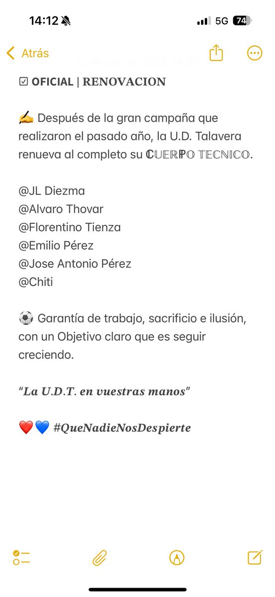 UDTalavera (@udtalaverareal) on Twitter photo ☑ 𝗢𝗙𝗜𝗖𝗜𝗔𝗟 | 𝐑𝐄𝐍𝐎𝐕𝐀𝐂𝐈𝐎𝐍
✍ La U.D. Talavera renueva al completo su ℂ𝕌𝔼ℝℙ𝕆 𝕋𝔼ℂℕ𝕀ℂ𝕆.
José Luis Diezma
<a href="/ThovarAlvaro/">Alvaro Thovar</a>
<a href="/floretienza/">flore</a>
<a href="/mellyjose7/">Jose Antonio Perez</a>
<a href="/emiliomelly4/">emilio</a>
<a href="/Chiti2301/">Chiti</a>
“La UDT, en vuestras manos”
❤️💙 #𝑸𝒖𝒆𝑵𝒂𝒅𝒊𝒆𝑵𝒐𝒔𝑫𝒆𝒔𝒑𝒊𝒆𝒓𝒕𝒆 ☑ 𝗢𝗙𝗜𝗖𝗜𝗔𝗟 | 𝐑𝐄𝐍𝐎𝐕𝐀𝐂𝐈𝐎𝐍
✍ La U.D. Talavera renueva al completo su ℂ𝕌𝔼ℝℙ𝕆 𝕋𝔼ℂℕ𝕀ℂ𝕆.
José Luis Diezma
<a href="/ThovarAlvaro/">Alvaro Thovar</a>
<a href="/floretienza/">flore</a>
<a href="/mellyjose7/">Jose Antonio Perez</a>
<a href="/emiliomelly4/">emilio</a>
<a href="/Chiti2301/">Chiti</a>
“La UDT, en vuestras manos”
❤️💙 #𝑸𝒖𝒆𝑵𝒂𝒅𝒊𝒆𝑵𝒐𝒔𝑫𝒆𝒔𝒑𝒊𝒆𝒓𝒕𝒆