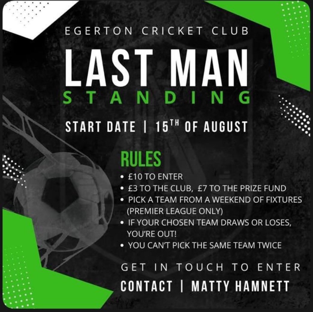 Mafew (@mattihamnett) on Twitter photo Get involved - prize pot already up to £100 last time winner won £260 <a href="/EGERTON_CC/">EgertonCricketClub</a> DM me to be in with a shout Get involved - prize pot already up to £100 last time winner won £260 <a href="/EGERTON_CC/">EgertonCricketClub</a> DM me to be in with a shout