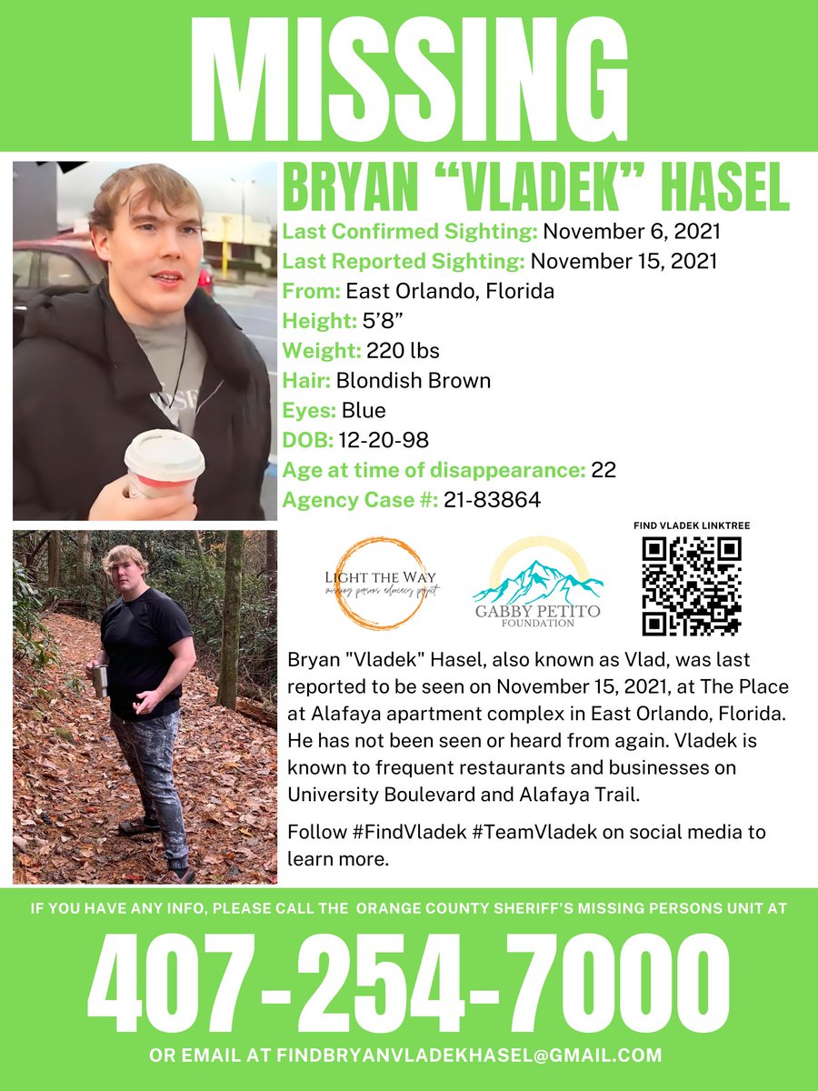 It’s #MissingPosterMonday and we need your help sharing #BryanVladekHasel’s flyer to help spread awareness! #VladekHasel #Florida #MondayMotivation #Missing #FindVladek #TeamVladek

@findvladekhasel