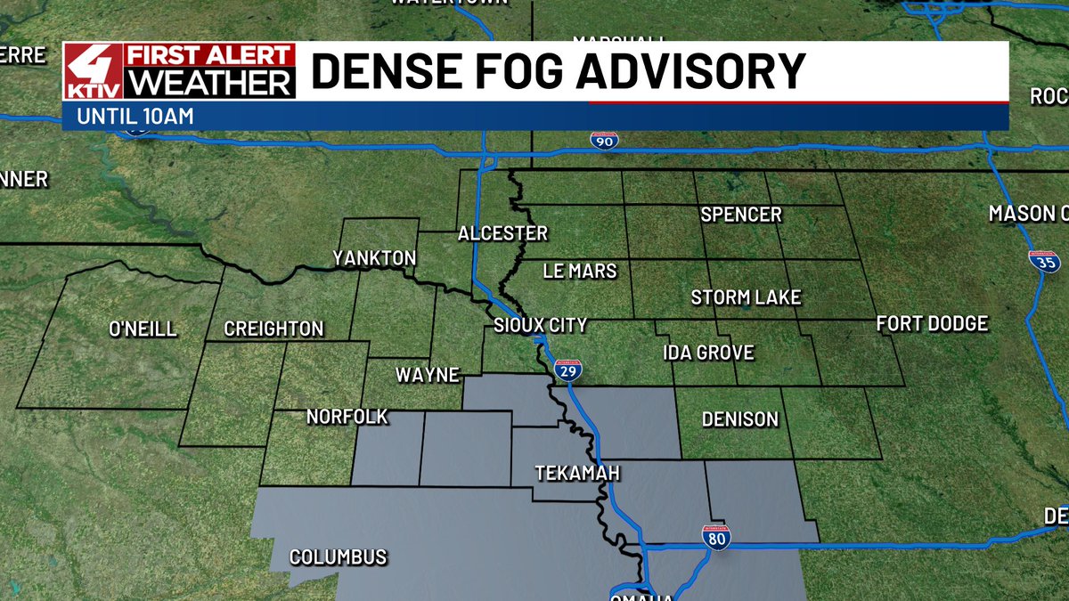 owenbasselmanwx's tweet image. A Dense Fog Advisory has been issued for southern Siouxland until 10am. Visibility could drop to a half mile or less. #IAwx #NEwx
