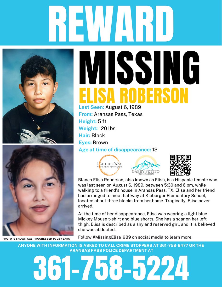 It’s #MissingPosterMonday and we need your help sharing #ElisaRoberson’s flyer to help spread awareness! #BlancaElisaRoberson #Texas #MondayMotivation #Missing #Reward #MissingElisa1989