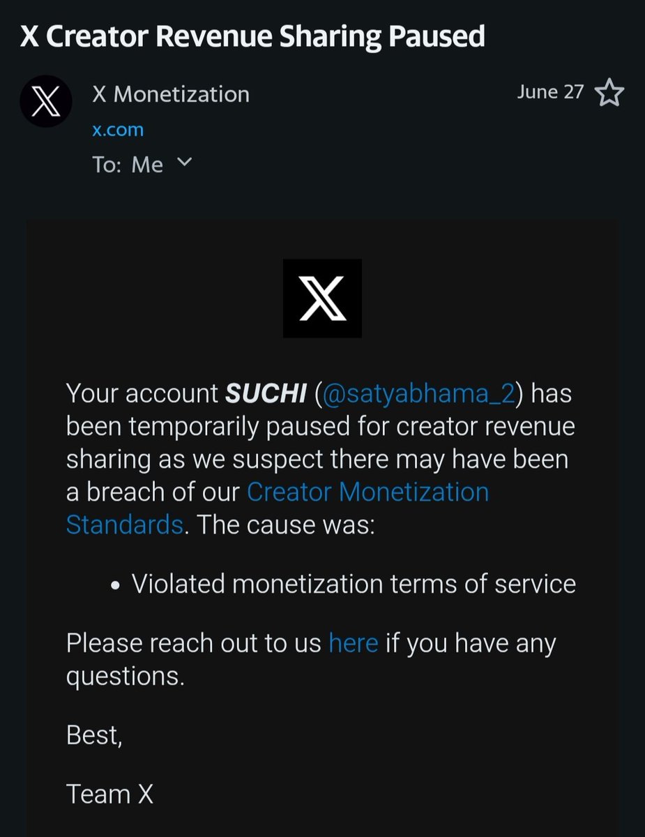 satyabhama_2's tweet image. My Revenue’s been Paused since June 27, 2025 without explanation.
02 Appeals. Zero Response.
I’ve been paying for Premium. Creating daily. Trusting the system.
But silence isn't justice.
If I’ve violated monetisation terms, tell me how.
If not restore my earnings NOW.…