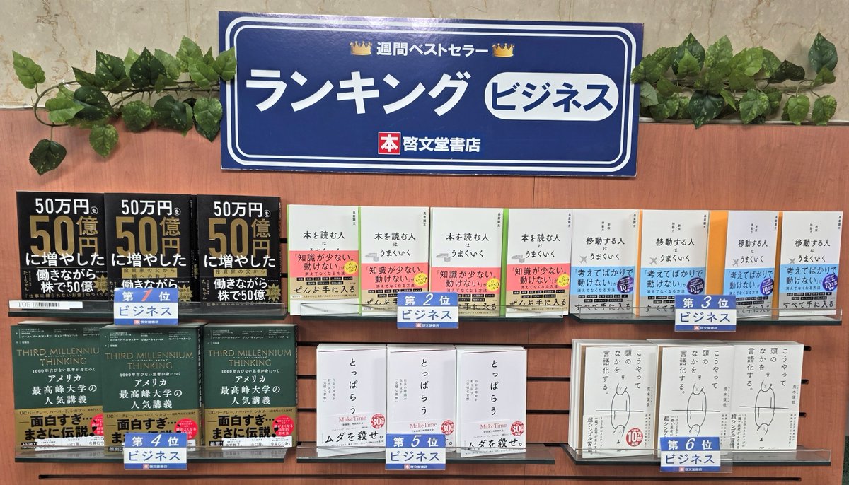 【ランキング情報】
今週(7/6～7/12調べ)のビジネス書ランキング。
お買い物の際に、お役立てください。
今週の１位「 #５０万円を５０億円に増やした投資家の父から娘への教え 」 #たーちゃん 著 #ダイヤモンド社 です。#ビジネス書　#ランキング