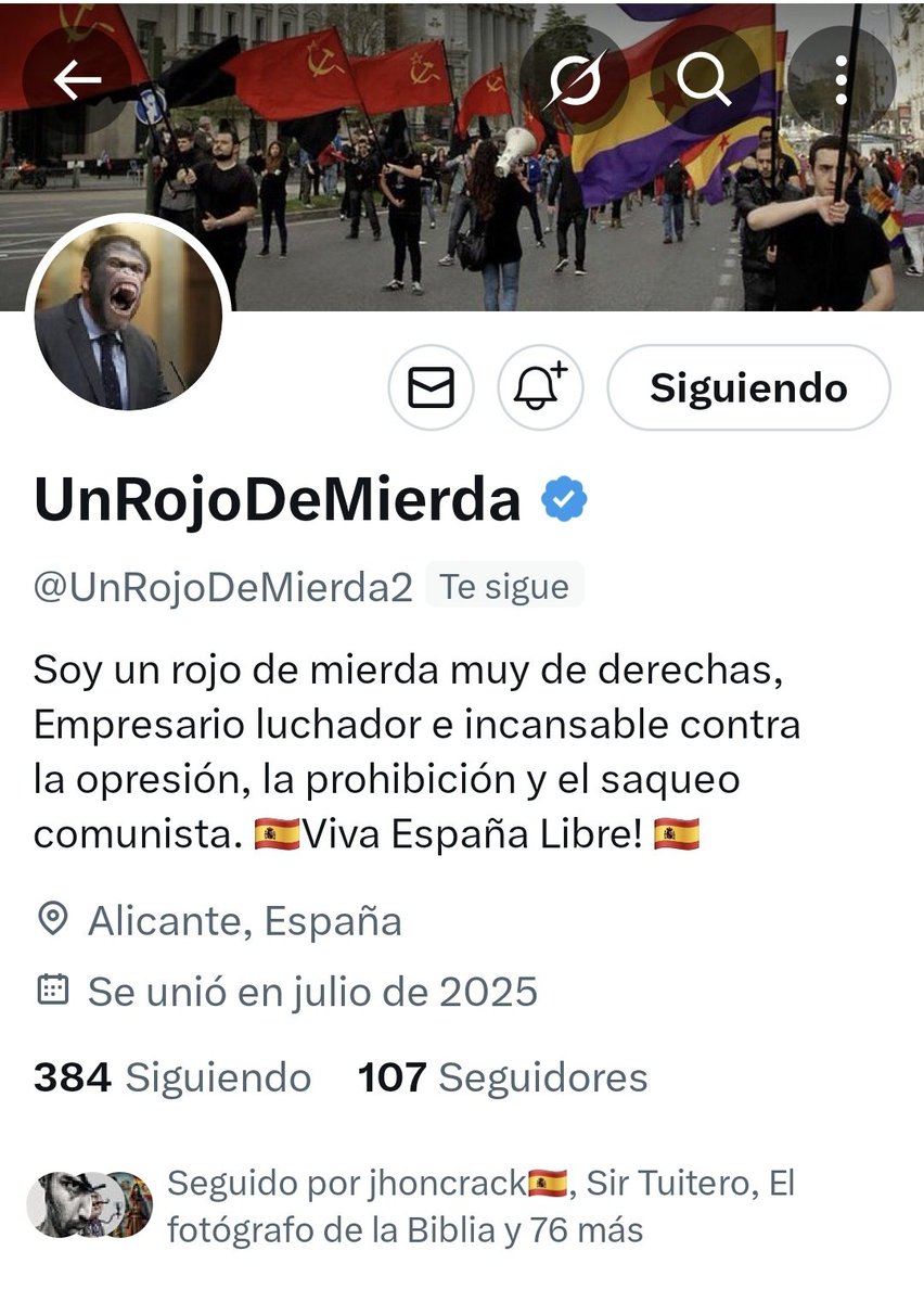 A toda mi gente de bien. 
A nuestro amigo UnRojoDeMierda el pajarrac0 le ha tumbado la cuenta.
Os ruego volváis a seguirle en 👉 
<a href="/UnRojoDeMierda2/">UnRojoDeMierda</a>.
Uno cae, nosotros lo levantamos. 
Vamos!!!💪💚🇪🇦
