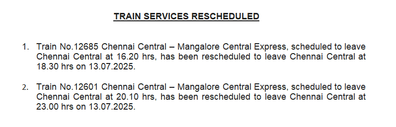 DRM Salem (@salemdrm) on Twitter photo Chennai Central - Mangalore Central Express Trains
Of 13 July, 2025
Rescheduled.
<a href="/GMSRailway/">Southern Railway</a> <a href="/DrmChennai/">DRM Chennai</a> Chennai Central - Mangalore Central Express Trains
Of 13 July, 2025
Rescheduled.
<a href="/GMSRailway/">Southern Railway</a> <a href="/DrmChennai/">DRM Chennai</a>