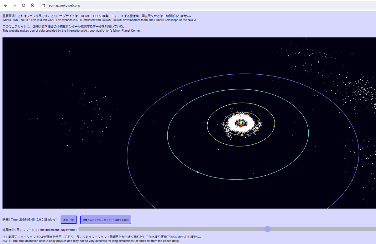 I made a 3D map of #COIAS asteroids using the MPC orbits database (similar to Rubin Orbit viewer). Here is the link:

aomap.nekoweb.org