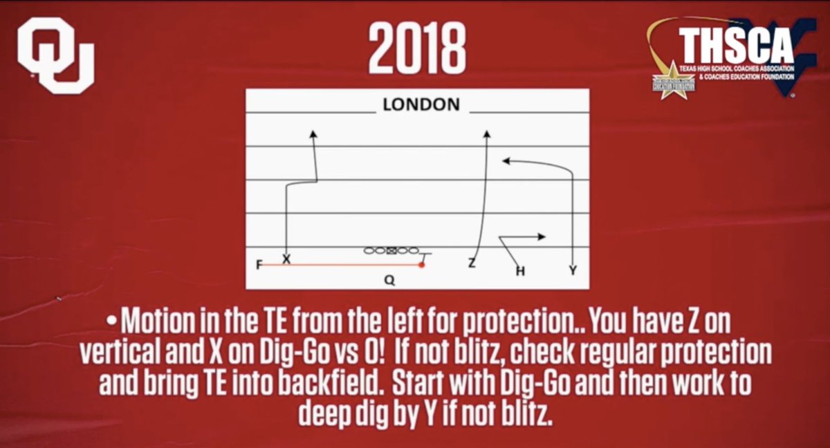 USC HC Lincoln Riley - 3rd Down Scripts (London Concept) 🧵

London Concept
 - Align empty to decipher coverage &amp; reload the F for protection. Protection vs Blitz = Gap (Full Slide). No blitz = Regular protection.
 - Z Vertical &amp; X Dig Go vs 0 Blitz
 - No Blitz = Read X Dig Go to