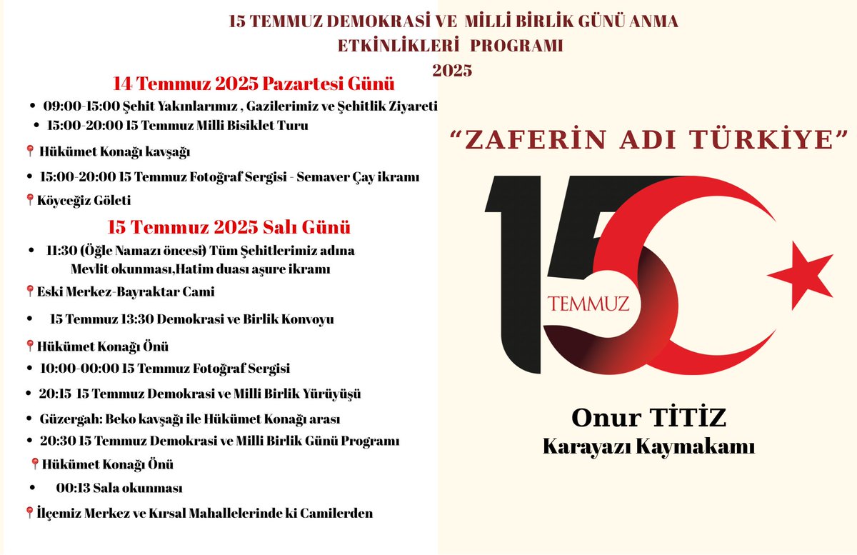 🇹🇷 15 Temmuz Demokrasi ve Millî Birlik Günü Etkinliği 🇹🇷

Milletimizin destan yazdığı o kutlu gecenin yıl dönümünde, şehitlerimizi rahmetle, gazilerimizi minnetle anıyoruz.
Tüm halkımızı, birlik ve beraberliğimizin simgesi olan 15 Temmuz etkinliğimize davet ediyoruz.
