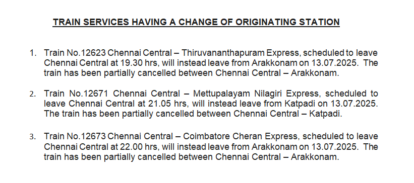 DRM Salem (@salemdrm) on Twitter photo Train Services having a change of Originating Station
On 13 July, 2025.
Passengers,
Kindly Take Note.
<a href="/GMSRailway/">Southern Railway</a> <a href="/DrmChennai/">DRM Chennai</a> Train Services having a change of Originating Station
On 13 July, 2025.
Passengers,
Kindly Take Note.
<a href="/GMSRailway/">Southern Railway</a> <a href="/DrmChennai/">DRM Chennai</a>