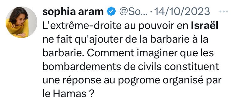 Claude Weill (@weillclaude) on Twitter photo Efface <a href="/PascalBoniface/">Pascal Boniface</a> !
Nâalimente pas cette cabale dĂ©gueulasse. Laisse ça Ă Caron.
<a href="/SophiaAram/">sophia aram</a> nâest pas et nâa jamais Ă©tĂ© un âsoutien inconditionnel de Netanyahouâ.
Câest une pure calomnie.
Sa position depuis octobre 2023 est celle-ci â€”ïž Efface <a href="/PascalBoniface/">Pascal Boniface</a> !
Nâalimente pas cette cabale dĂ©gueulasse. Laisse ça Ă Caron.
<a href="/SophiaAram/">sophia aram</a> nâest pas et nâa jamais Ă©tĂ© un âsoutien inconditionnel de Netanyahouâ.
Câest une pure calomnie.
Sa position depuis octobre 2023 est celle-ci —ïž