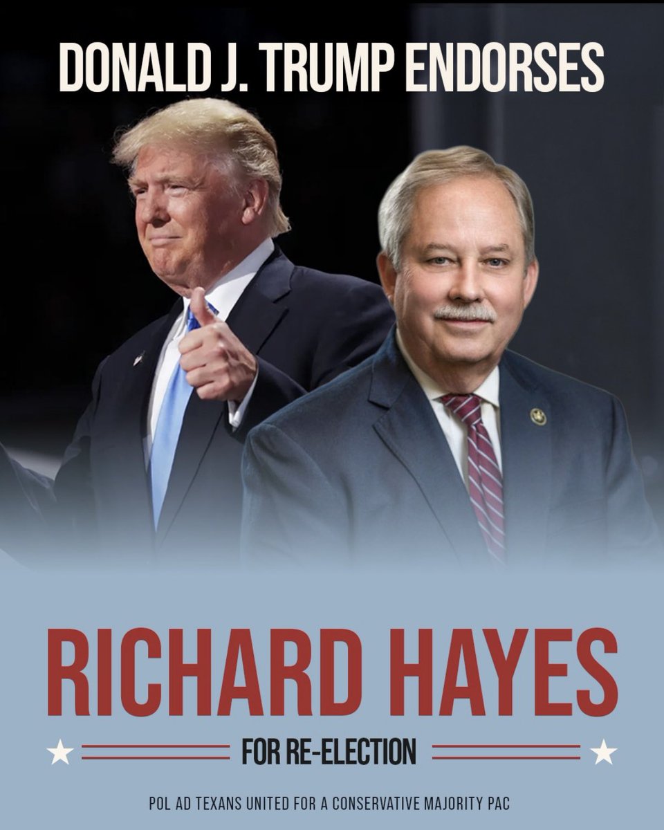 Richard Hayes (@reprichardhayes) on Twitter photo I'm excited to announce that I have received the endorsement of <a href="/realDonaldTrump/">Donald J. Trump</a> for my re-election as State Representative for House District 57!
It’s an incredible honor to receive President Trump's support as I continue my fight to make Texas Great Again!
#txlege #maga I'm excited to announce that I have received the endorsement of <a href="/realDonaldTrump/">Donald J. Trump</a> for my re-election as State Representative for House District 57!
It’s an incredible honor to receive President Trump's support as I continue my fight to make Texas Great Again!
#txlege #maga