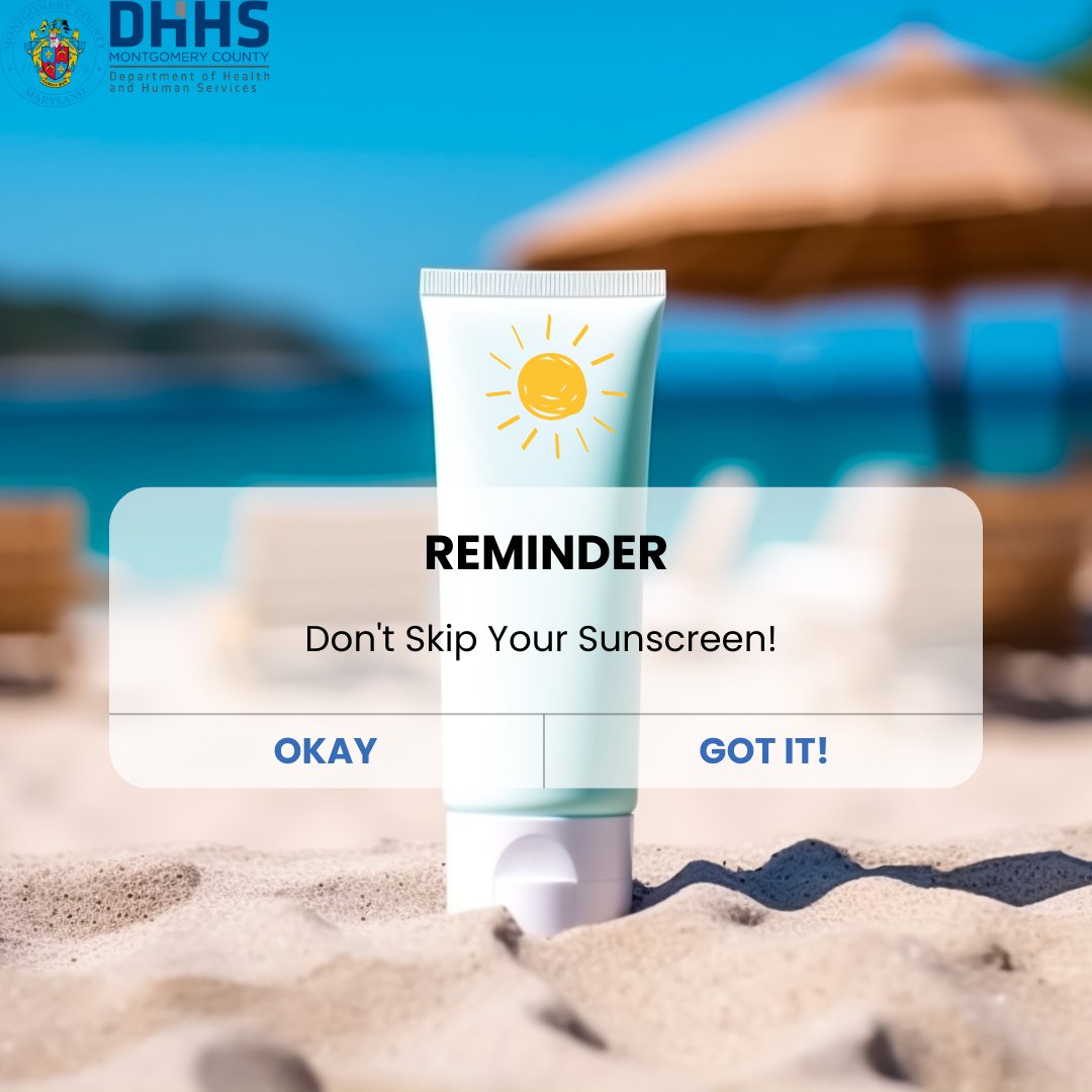 MoCoDHHS's tweet image. UV Alert! Don’t forget to REAPPLY!
Sunscreen isn’t a one-and-done deal—here’s why:
Sweat & water break it down
Most SPF only lasts 2 hours
Clouds ≠ UV protection
Protect your skin every time you step out. Reapply every 2 hours (or more if swimming or sweating)!