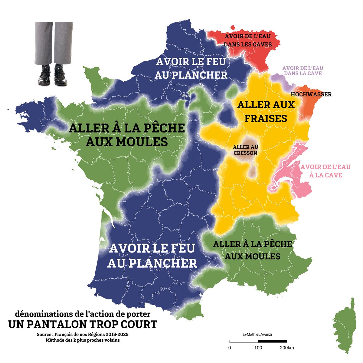 MathieuAvanzi's tweet image. 🩳 Vous avez le feu au plancher ? Vous allez à la pêche aux moules ? Ou bien c’est plutôt l’eau qui monte à la cave ? Petite balade linguistique à travers la France des expressions pour dire… qu’on porte un pantalon trop court !
👉 Et vous, vous dites comment ?