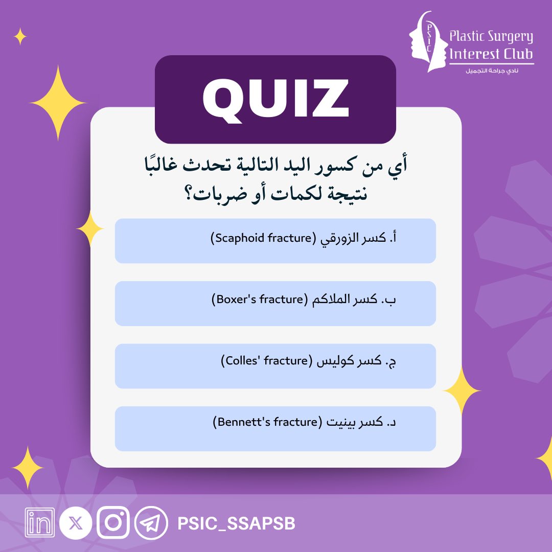 PSIC_SSAPSB's tweet image. 🔍🦴❓

أي من كسور اليد يحدث غالبًا بسبب اللكمات أو الضربات؟

اختبر معرفتك الطبية مع نادي جراحة التجميل!

#QuizTime
