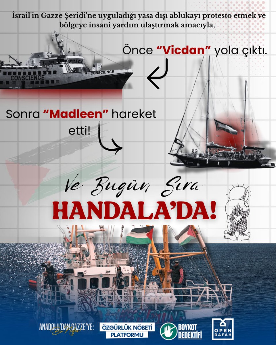 VİCDAN'IN SESİ YENİDEN AKDENİZ'DE!

Aparteid rejimin soykırımına dikkat çekmek ve Gazze ablukasını kırmak için HANDALA gemisi kutlu yolculuğuna başladı! ✊🏻🇵🇸

#ÖzgürlükNöbeti #FreedomWatch