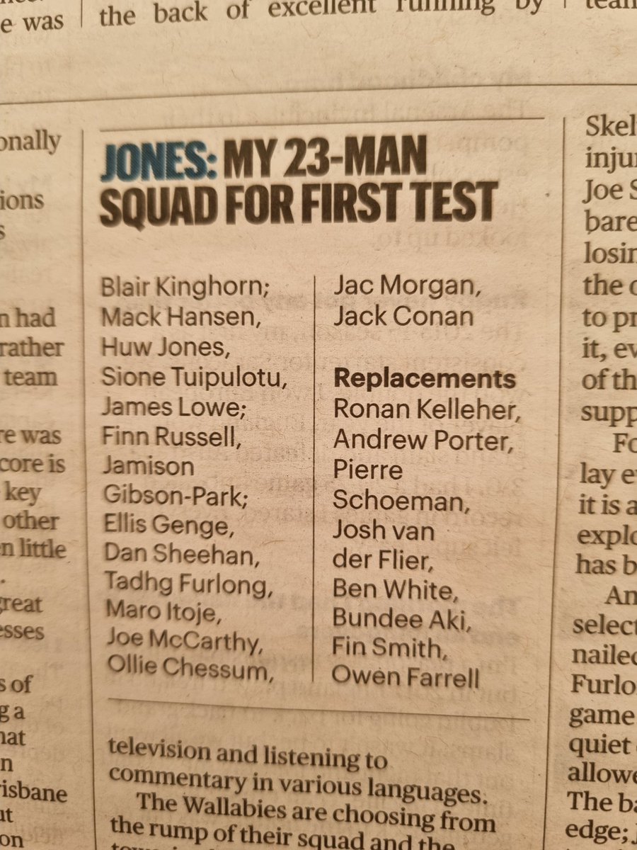 Interesting bench choice by Stephen Jones in Sunday Times for Lions' first Test, for a variety of reasons ...