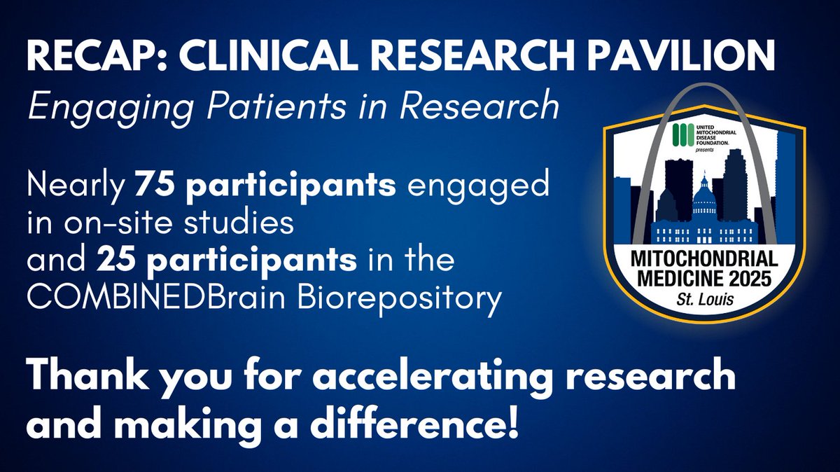UMDF's tweet image. RECAP: Clinical Research Pavilion at #MitoMed. Nearly 75 participants engaged in on-site studies, and 25 participated in the Biorepository with COMBINEDBrain. Thank you to the study coordinators for making it possible and to our #mito community for accelerating #research!