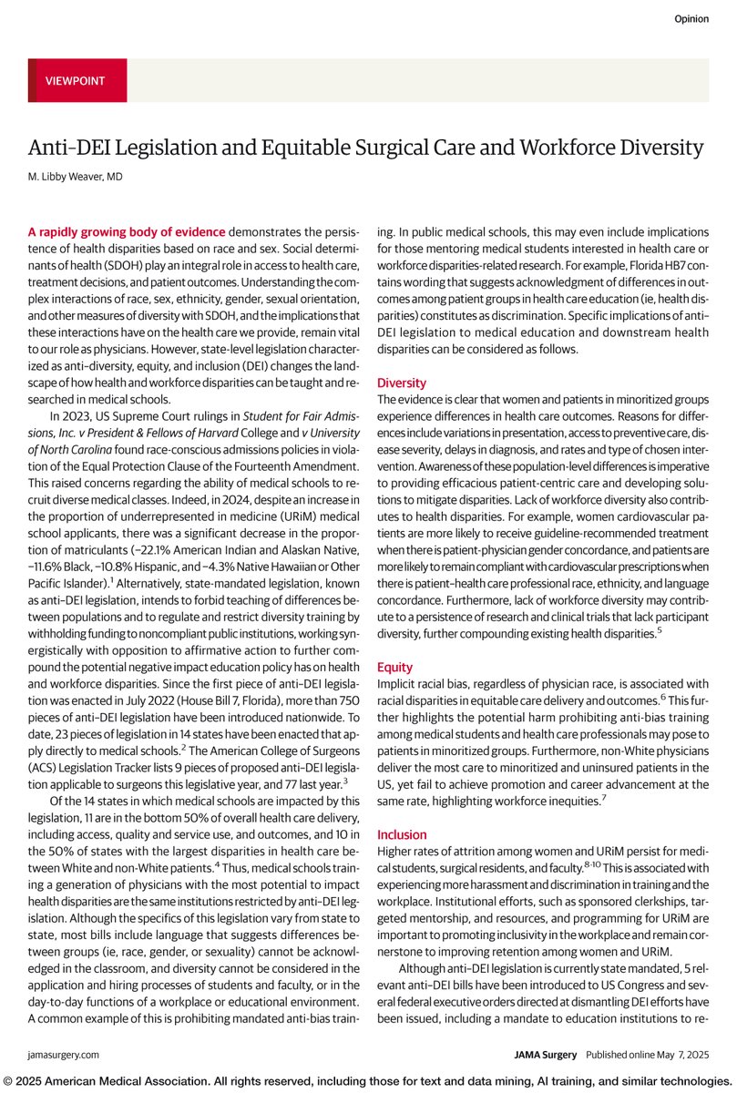 JAMASurgery's tweet image. Viewpoint: Anti-diversity, equity, and inclusion (DEI) legislation threatens to impede medical education and research on health disparities. ja.ma/3IzmZAP