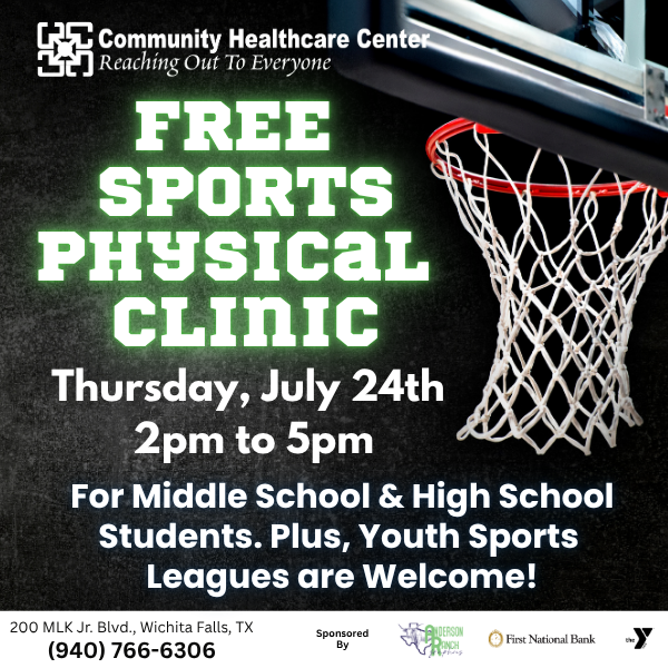 FREE Sports Physical Clinic on Thursday, July 24th 2:00 PM – 5:00 PM at Community Healthcare Center, 200 MLK Jr. Blvd., Wichita Falls, TX. FREE to all Middle School &amp; High School students – including youth sports league participants! More Info: chcwf.com/free-sports-ph…