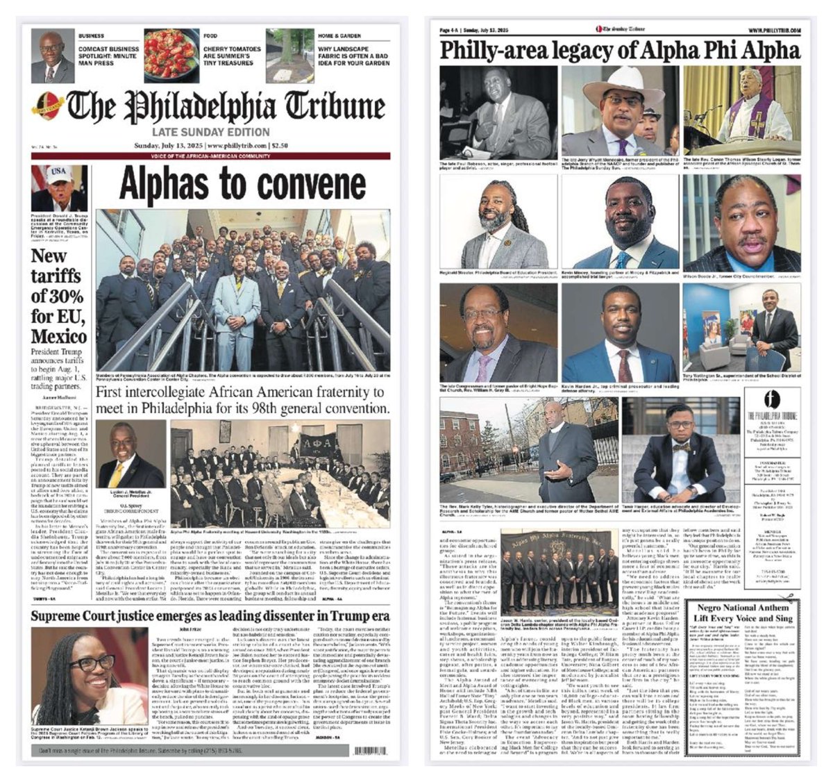 Philadelphia Tribune (@phillytrib) on Twitter photo Sunday's front — Alpha Phi Alpha Fraternity, Inc. to convene in Philadelphia this week. Trump enforces 30% tariffs on EU and Mexico. Supreme Court justice Ketanji Brown Jackson emerges as leading dissenter in Trump era. Sunday's front — Alpha Phi Alpha Fraternity, Inc. to convene in Philadelphia this week. Trump enforces 30% tariffs on EU and Mexico. Supreme Court justice Ketanji Brown Jackson emerges as leading dissenter in Trump era.