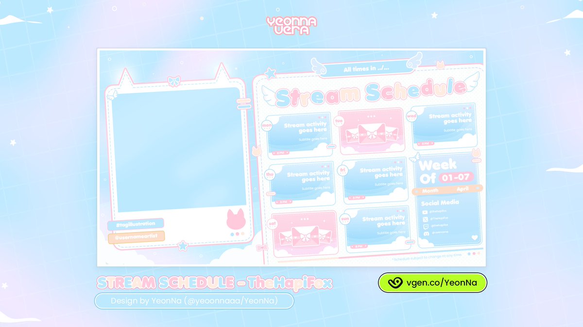 yeoonnaaa's tweet image. ---Commission Work!--- 
Soft pastels and cozy vibes for this Stream Schedule I designed for @TheHapiFox ☁️💌
Had such a lovely time working on this piece! 💗✨

You can commission your own custom design here: vgen.co/YeonNa

#VGenComm #Vtuber