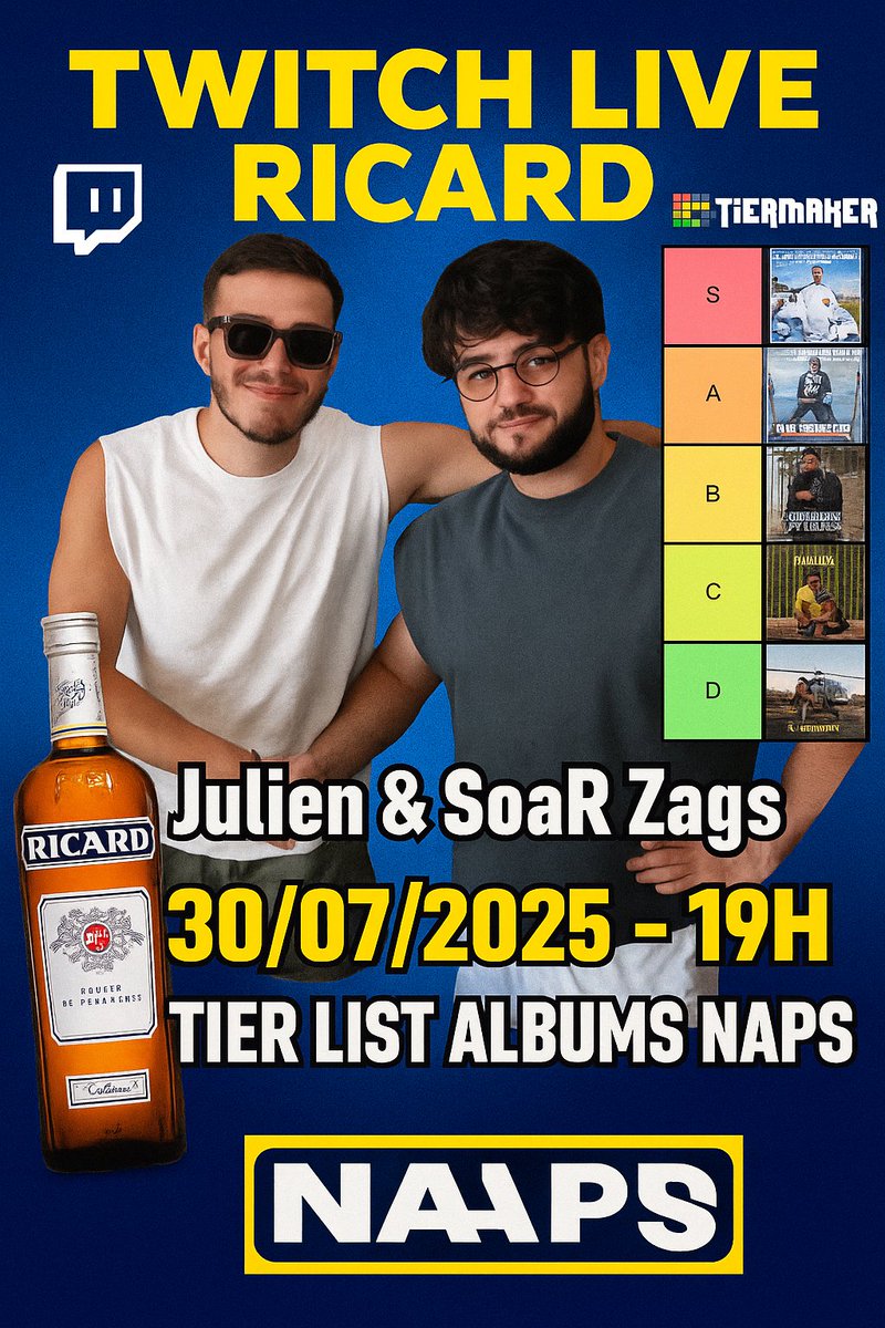📍ENORME ANNONCE📍

LIVE RICARD le 30/07 à 19H sur Twitch ! 🍺

Avec en guest SoaR Zags aka <a href="/ptz_yo/">zags</a>  ! 💣

Au programme : on classe les sons de NAPS en mode tier list, sous l’effet du pastaga ! ☀️

On vous attends nombreux, ca se passera ici : 
twitch.tv/elements18th
