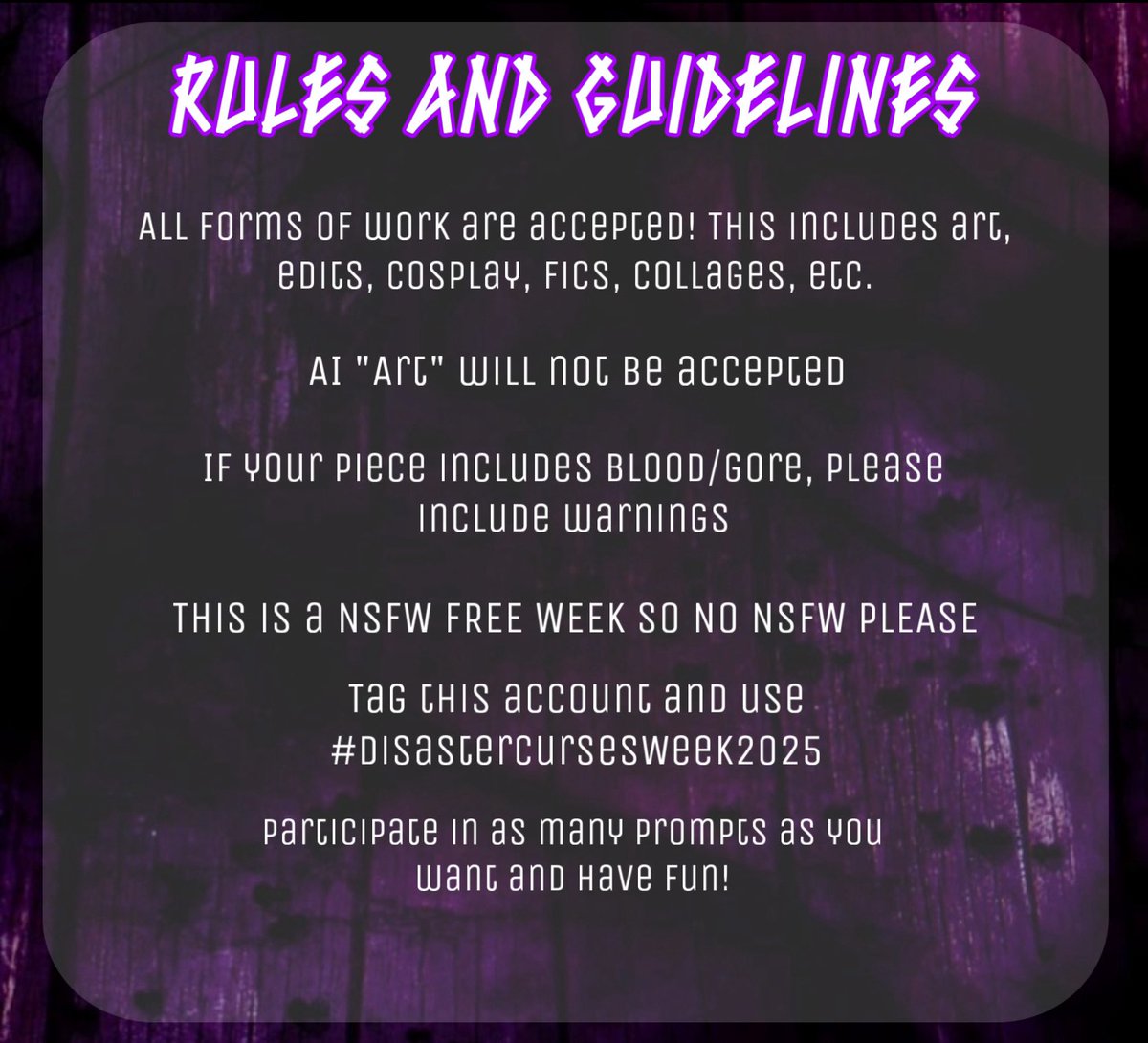 curses_daily's tweet image. Disaster Curses Week 2025 Prompts!

2 Prompts a day 

October 26th-November 1st 

‼️Please read the rules and guidelines‼️