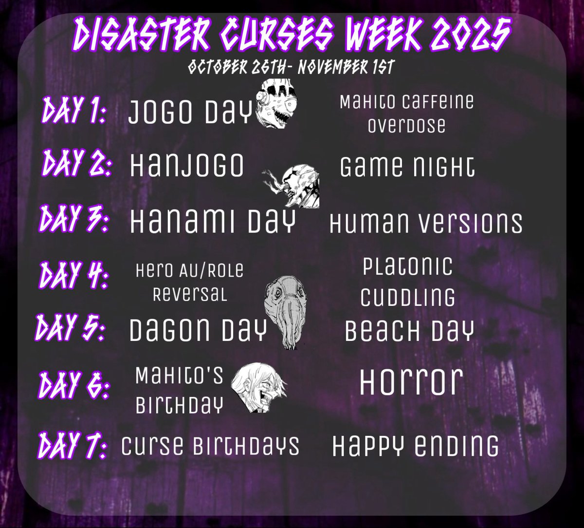 curses_daily's tweet image. Disaster Curses Week 2025 Prompts!

2 Prompts a day 

October 26th-November 1st 

‼️Please read the rules and guidelines‼️