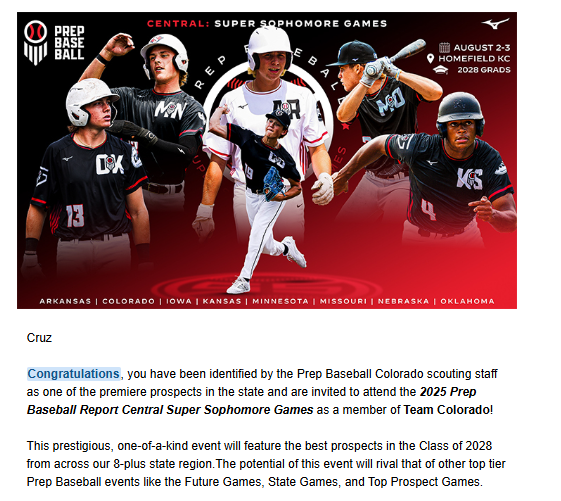 Cruz_C_18's tweet photo. Excited to represent @PrepBaseball_CO at the Super Sophomore Games in KC. 

Big thank you to @WagsPBR and @CalebQuickstep3 for the opportunity. https://t.co/xZBP82LcWs