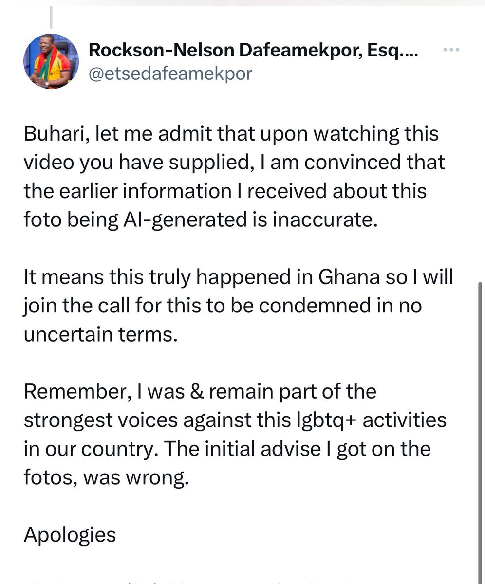 Gen_Buhari_'s tweet photo. Hon. Dafeamakpor has accepted he was wrong for saying the pictures were AI generated and has apologized.

So those of you NDC folks who insulted me, how do you feel now?? https://t.co/bBYq2tYJBk