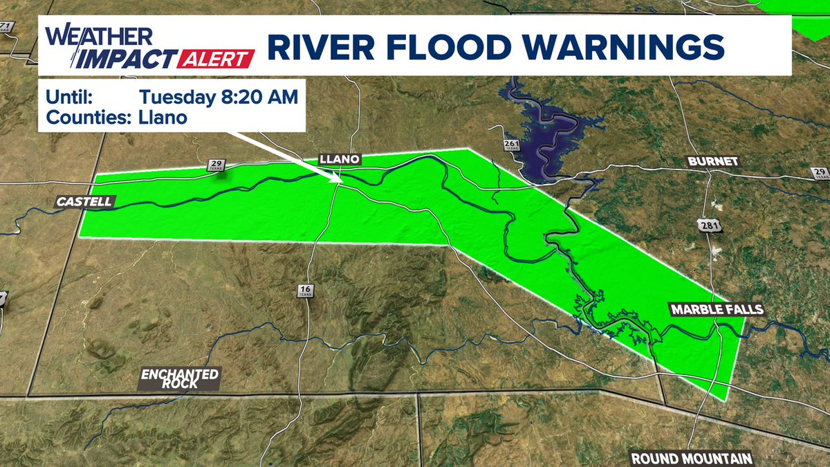 River Flood Warning issued for the Llano River. The river is currently in moderate flood stage.