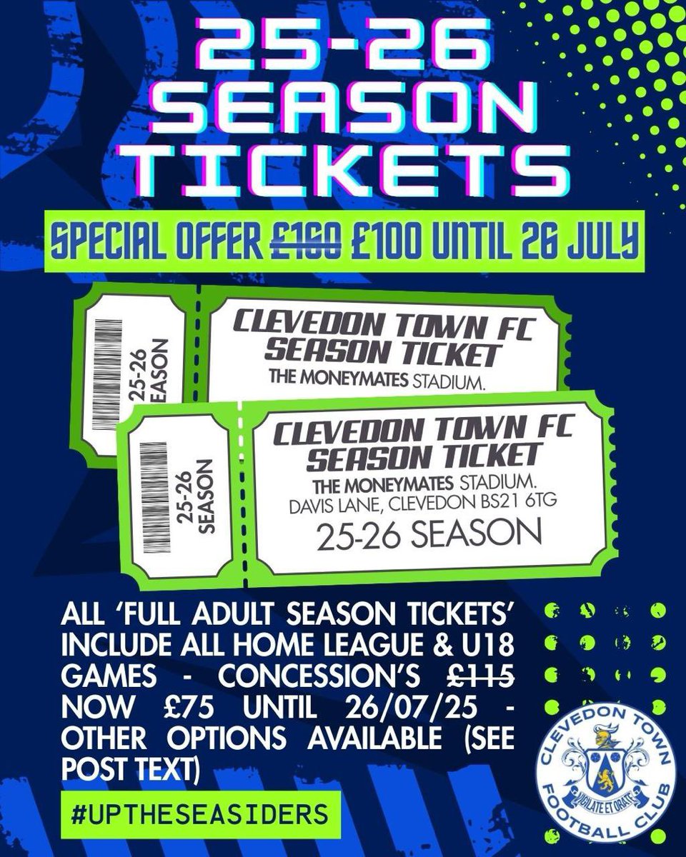 🚨 SEASON TICKETS – ON SALE NOW! 🚨

With only 2 WEEKS until the start of the season, get your 2025/26 Clevedon Town FC season ticket for just £100 – but only until July 26th!

After that, they return to the full price of £160, so don’t miss your chance to back the Seasiders all