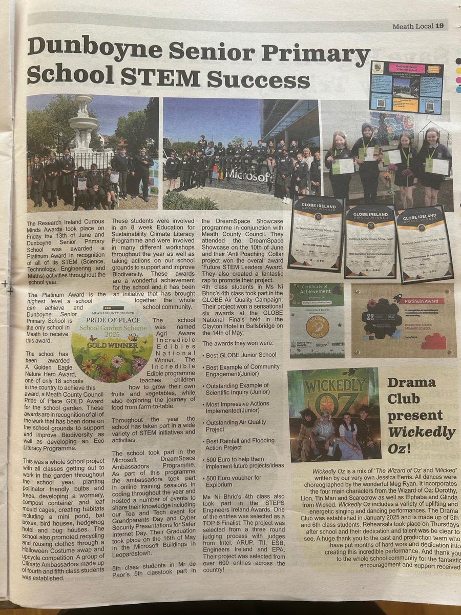 Dunboyne Senior Primary School (@dunboynesenior) on Twitter photo Thank you to <a href="/NewsMeath/">Meath south east News</a> for the fantastic write up on our STEM achievements and school musical ‘Wickedly Oz’
You will find the article on Pg 19 in the latest edition of the Meath Local <a href="/MS_eduIRL/">Microsoft Education Ireland</a> <a href="/GLOBEIreland/">GLOBE Ireland</a> <a href="/BioInSchools/">Biodiversity in Schools</a> Thank you to <a href="/NewsMeath/">Meath south east News</a> for the fantastic write up on our STEM achievements and school musical ‘Wickedly Oz’
You will find the article on Pg 19 in the latest edition of the Meath Local <a href="/MS_eduIRL/">Microsoft Education Ireland</a> <a href="/GLOBEIreland/">GLOBE Ireland</a> <a href="/BioInSchools/">Biodiversity in Schools</a>