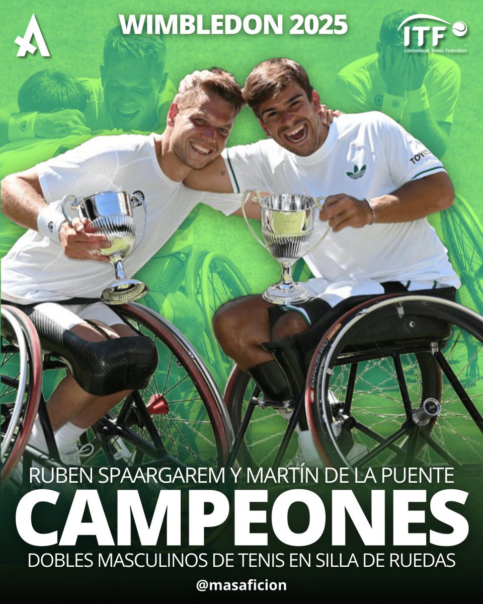 masaficion_'s tweet photo. 🎾 ¡ @tindelapuente es campeón de #Wimbledon!

El gallego y Ruben Spaargaren conquistan su primer título como pareja tras vencer a Hewett y Reid en una dura final (7-6(1), 7-5).

#TenisEnSilla #Paralímpicos #GrandSlam #DeporteAdaptado https://t.co/GzACglhhqa
