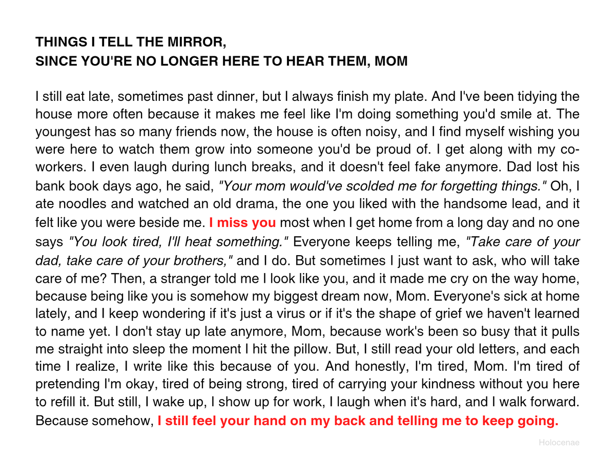 holocenae's tweet photo. Things I tell the mirror, since you're no longer here to hear them, Mom. https://t.co/KIF7XSbdc4